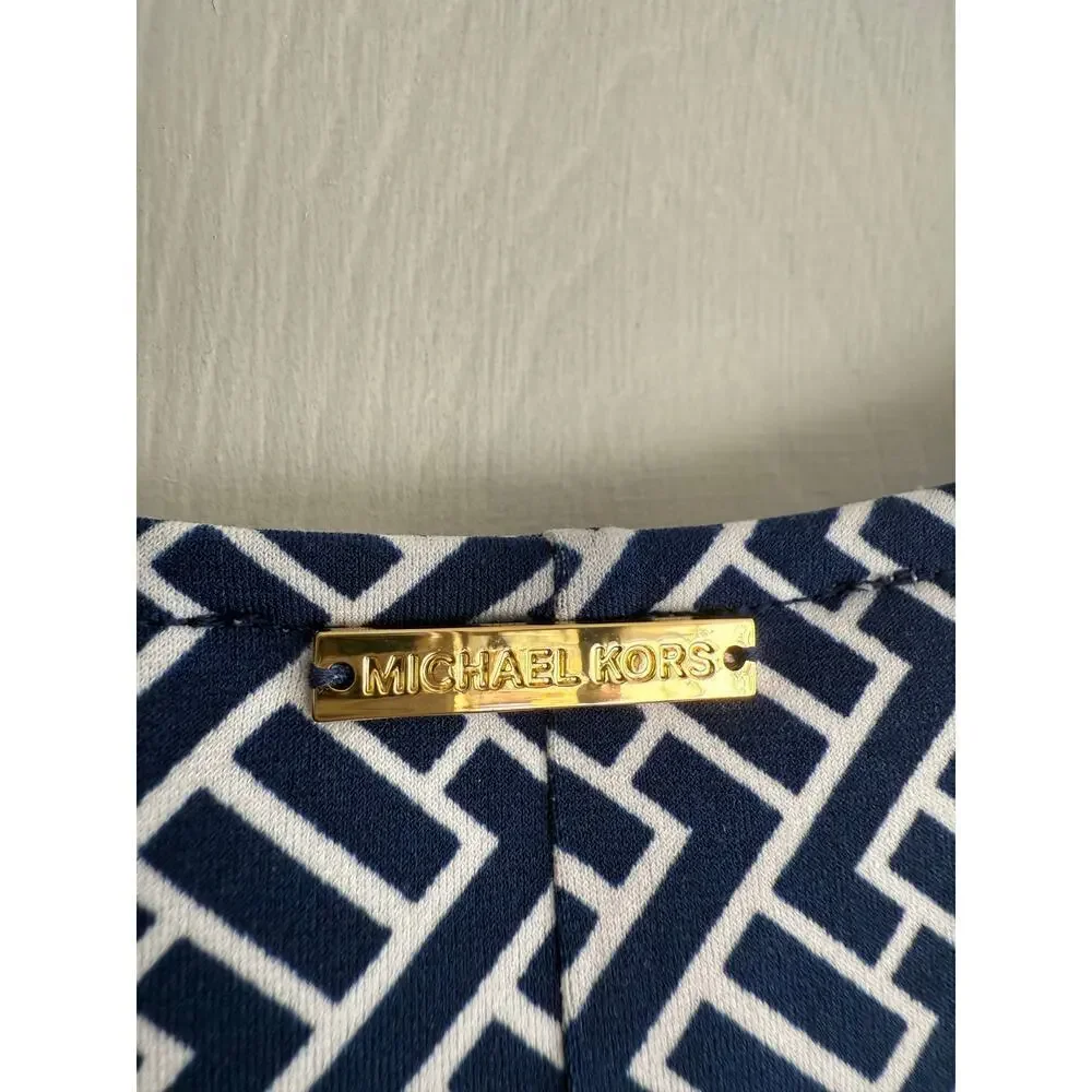 Michael Kors Navy and White Geometric Print Stretchy Cowl Neck Dress size Small